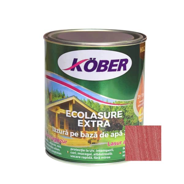 Lac Lazură 3 în 1 Kober Ecolasure Extra pentru Lemn, nuanța Trandafir, 0.75L – imagine frontală cu eticheta vizibilă