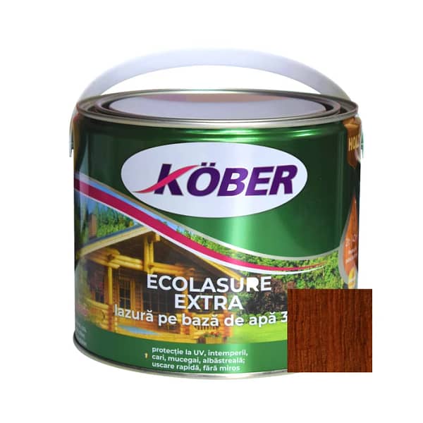 Lac Lazură Kober Ecolasure Extra Castan 2.5L, pentru protecția și decorarea lemnului interior/exterior, disponibil în magazinul de bricolaj din Tășnad, Satu Mare.