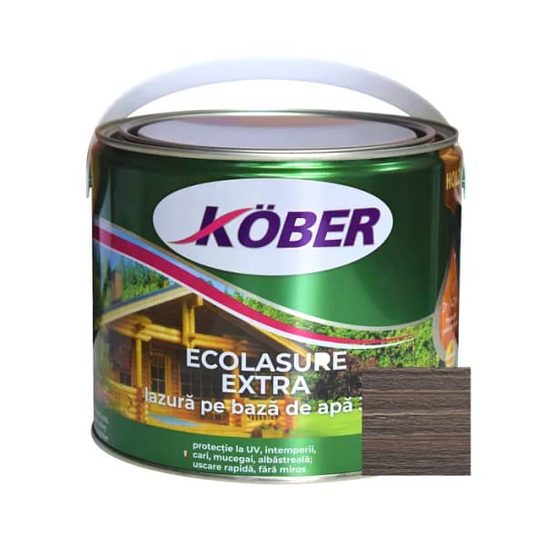 Lac Lazură Kober Ecolasure Extra Stejar Gri 2.5L, ideal pentru protecția și decorarea lemnului, disponibil în magazinul de bricolaj din Tășnad.