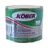 Recipient mare de Vopsea Acrilică Kober Ecolux 2.5L, albă, pentru calorifere și țevi din cupru, cu simbolul "pe bază de apă" și imagine a mai multor calorifere vopsite.