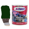 Cutie de vopsea alchidică Kober Ideea de 2.5L, culoare verde mediu, destinată suprafețelor din lemn și metal, pentru utilizare interioară și exterioară, cu o pensulă lângă.