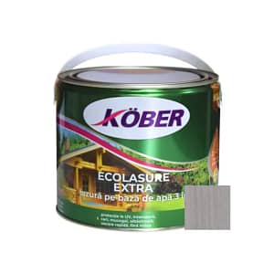 Lac Lazură 3 în 1 Kober Ecolasure Extra pentru Lemn, nuanța Gri Nordic, 2.5L – vedere frontală cu etichetă, capac și informații vizibile