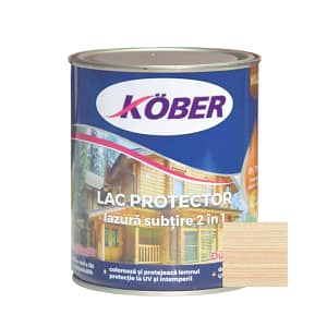 Recipient de Lac Lazură Subțire 2 în 1 Kober 0.75L, incolor, cu o mostră de lemn tratat evidențiind protecția transparentă și textura naturală.