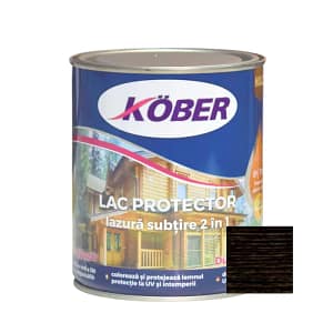 Recipient de Lac Lazură Subțire 2 în 1 Kober 0.75L, nuanța wenge, cu o mostră de lemn tratat evidențiind culoarea foarte închisă și modernă.