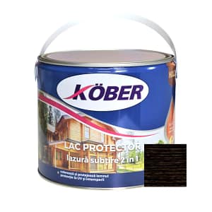 Recipient mare de Lac Lazură Subțire 2 în 1 Kober 2.5L, nuanța wenge, cu imagine a unei fațade moderne din lemn sau a unui mobilier de exterior cu design contemporan, tratat, evidențiind culoarea foarte închisă și sofisticată.