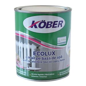 Recipient de Vopsea Acrilică Kober Ecolux 0.75L, albă, pentru calorifere și țevi din cupru, cu simbolul "pe bază de apă".