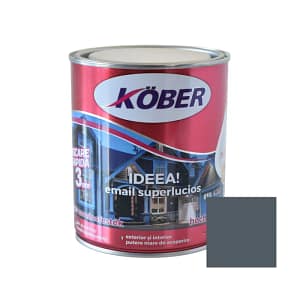 Cutie de vopsea alchidică Kober Ideea de 0.75L, culoare gri metal cu efect metalizat, pentru lemn și metal, utilizare interior și exterior, cu o mostră de culoare strălucitoare pe etichetă.