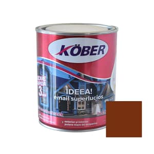 Cutie de vopsea alchidică Kober Ideea de 0.75L, culoare maro brun orange RAL 8023, pentru lemn și metal, utilizare interior și exterior, cu o mostră de culoare specifică pe etichetă.