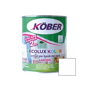 Cutie de vopsea ecologică Kober Ecolux Kolor de 0.6L, culoare alb lucios, pe bază de apă, pentru lemn și metal, utilizare interior și exterior, cu etichetă specificând caracterul ecologic și finisajul strălucitor.