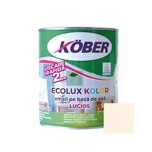 Cutie de vopsea ecologică Kober Ecolux Kolor de 0.6L, culoare bej lucios, pe bază de apă, pentru lemn și metal, utilizare interior și exterior, cu etichetă eco și finisaj strălucitor.