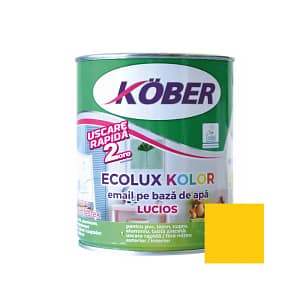 Cutie de vopsea ecologică Kober Ecolux Kolor de 0.6L, culoare galben lucios, pe bază de apă, pentru lemn și metal, utilizare interior și exterior, cu etichetă eco și finisaj strălucitor vibrant.