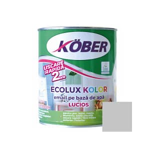 Cutie de vopsea ecologică Kober Ecolux Kolor de 0.6L, culoare gri lucios, pe bază de apă, pentru lemn și metal, utilizare interior și exterior, cu etichetă eco și finisaj strălucitor modern.