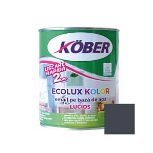 Cutie de vopsea ecologică Kober Ecolux Kolor de 0.6L, culoare gri antracit lucios, pe bază de apă, pentru lemn și metal, utilizare interior și exterior, cu etichetă eco și finisaj strălucitor intens.