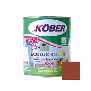 Cutie de vopsea ecologică Kober Ecolux Kolor de 0.6L, culoare maro lucios, pe bază de apă, pentru lemn și metal, utilizare interior și exterior, cu etichetă eco și finisaj strălucitor elegant.