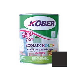 Cutie de vopsea ecologică Kober Ecolux Kolor de 0.6L, culoare negru lucios, pe bază de apă, pentru lemn și metal, utilizare interior și exterior, cu etichetă eco și finisaj strălucitor intens și elegant.