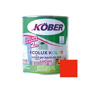 Cutie de vopsea ecologică Kober Ecolux Kolor de 0.6L, culoare roșu lucios, pe bază de apă, pentru lemn și metal, utilizare interior și exterior, cu etichetă eco și finisaj strălucitor vibrant.