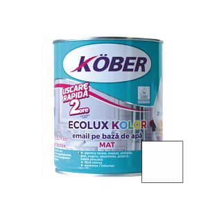 Cutie de vopsea ecologică Kober Ecolux Kolor de 0.6L, culoare alb mat, pe bază de apă, pentru lemn și metal, utilizare interior și exterior, cu etichetă specificând caracterul ecologic.