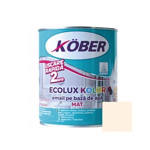 Cutie de vopsea ecologică Kober Ecolux Kolor de 0.6L, culoare bej mat, pe bază de apă, pentru lemn și metal, utilizare interior și exterior, cu etichetă eco-friendly.