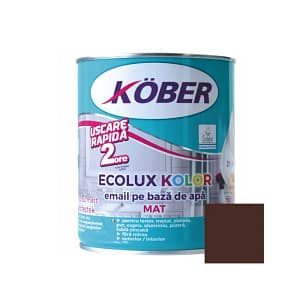 Cutie de vopsea ecologică Kober Ecolux Kolor de 0.6L, culoare brun mat, pe bază de apă, pentru lemn și metal, utilizare interior și exterior, cu etichetă eco.