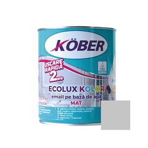 Cutie de vopsea ecologică Kober Ecolux Kolor de 0.6L, culoare gri mat, pe bază de apă, pentru lemn și metal, utilizare interior și exterior, cu etichetă eco și mostră de culoare neutră.