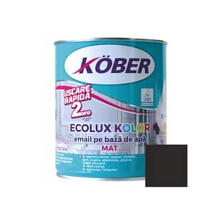 Cutie de vopsea ecologică Kober Ecolux Kolor de 0.6L, culoare negru mat, pe bază de apă, pentru lemn și metal, utilizare interior și exterior, cu etichetă eco și mostră de culoare intensă și elegantă.