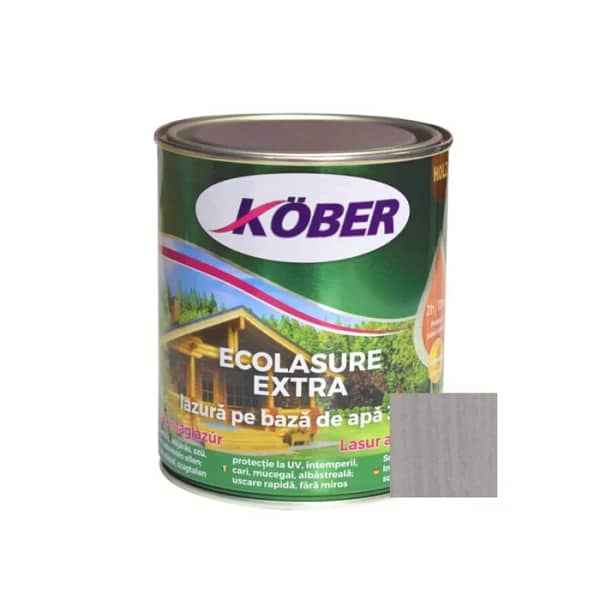 Recipient Lac Lazură Kober Ecolasure Extra Gri Nordic 0.75L, pentru protecția și decorarea lemnului, disponibil în magazinul de bricolaj din Tășnad, Satu Mare