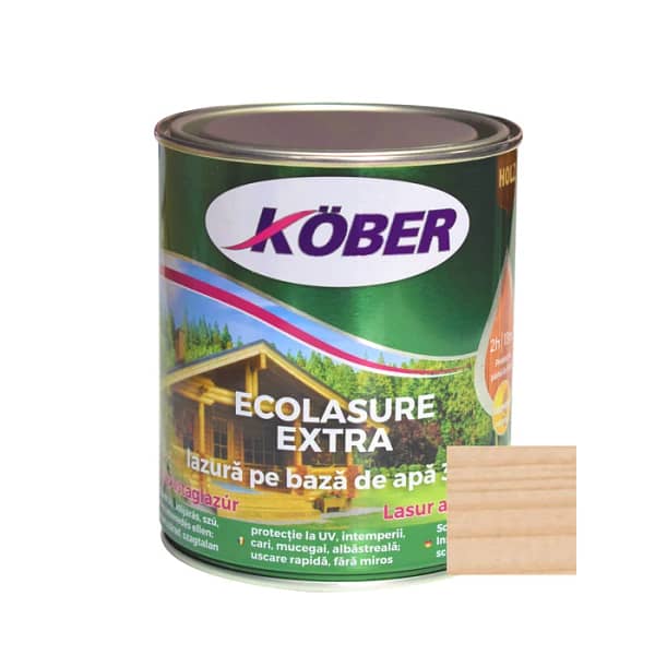 Recipient Lac Lazură Kober Ecolasure Extra Incolor 0.75L, pentru protecția transparentă a lemnului, disponibil în magazinul de bricolaj din Tășnad, Satu Mare