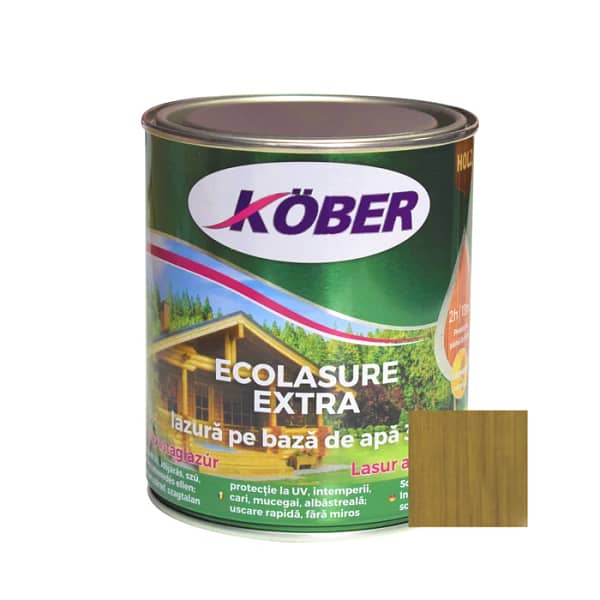 Recipient Lac Lazură Kober Ecolasure Extra Nuc 0.75L, pentru protecția și decorarea lemnului, disponibil în magazinul de bricolaj din Tășnad, Satu Mare.