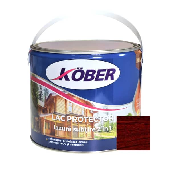 Recipient mare de Lac Lazură Subțire 2 în 1 Kober 2.5L, nuanța mahon, cu imagine a unui mobilier de exterior sau a unei construcții din lemn tratate, evidențiind culoarea bogată și elegantă.