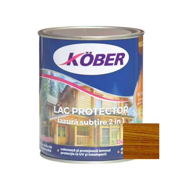 Recipient de Lac Lazură Subțire 2 în 1 Kober 0.75L, nuanța nuc, cu o mostră de lemn tratat evidențiind culoarea închisă și elegantă.