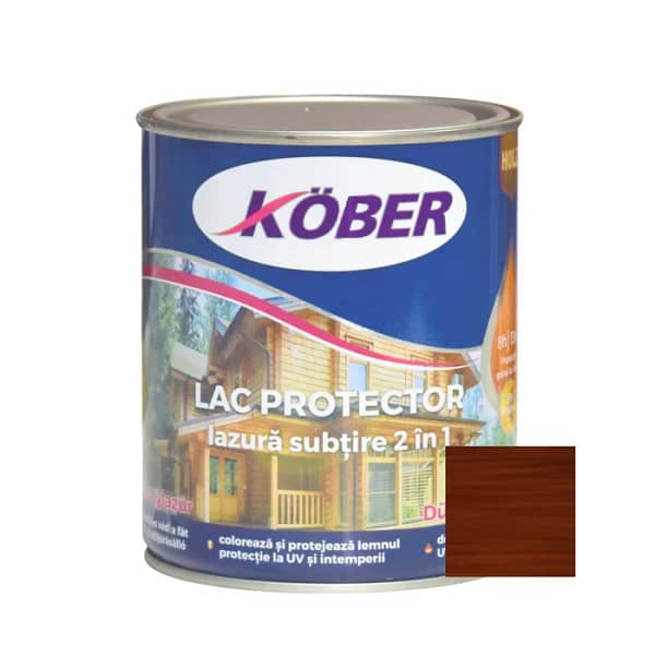 Recipient de Lac Lazură Subțire 2 în 1 Kober 0.75L, nuanța palisandru, cu o mostră de lemn tratat evidențiind culoarea exotică și bogată.
