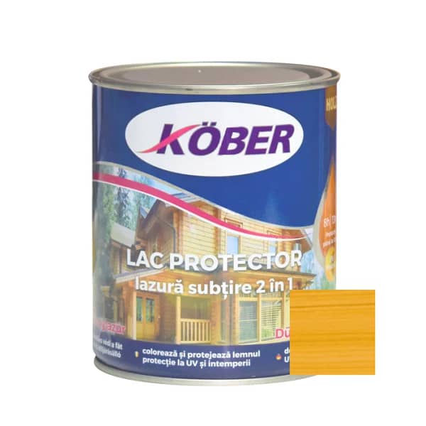 Recipient de Lac Lazură Subțire 2 în 1 Kober 0.75L, nuanța pin, cu o mostră de lemn tratat evidențiind culoarea deschisă și naturală.