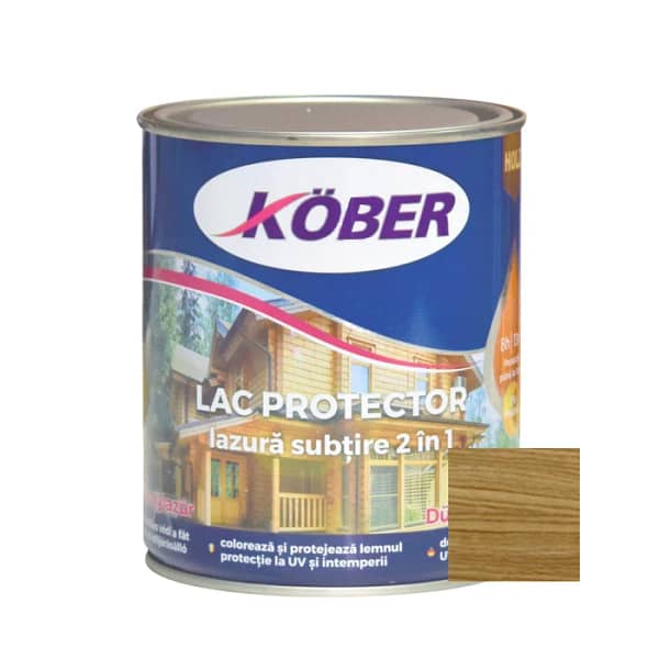 Recipient de Lac Lazură Subțire 2 în 1 Kober 0.75L, nuanța stejar închis, cu o mostră de lemn tratat evidențiind culoarea profundă și elegantă.