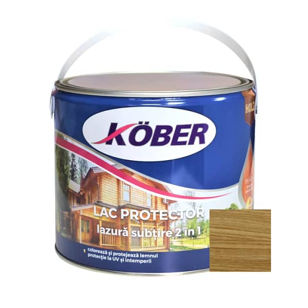 Recipient mare de Lac Lazură Subțire 2 în 1 Kober 2.5L, nuanța stejar închis, cu imagine a unei fațade din lemn sau a unui mobilier de exterior elegant, tratat, evidențiind culoarea profundă și sofisticată.