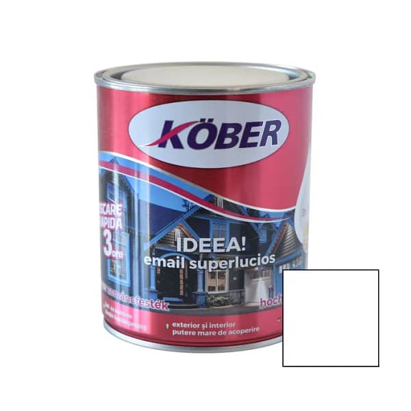 Cutie mică de vopsea alchidică Kober Ideea 0.75L, culoare albă, pentru lemn și metal, utilizare interior și exterior, cu etichetă vizibilă.