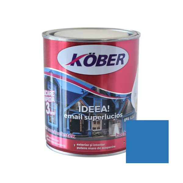 Cutie de vopsea alchidică Kober Ideea de 0.75L, culoare albastru luminos, pentru lemn și metal, utilizare interior/exterior, cu o mostră de culoare pe etichetă.