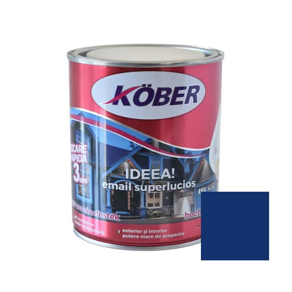 Cutie de vopsea alchidică Kober Ideea de 0.75L, culoare albastru mediu, pentru lemn și metal, aplicabilă la interior și exterior, cu eticheta produsului vizibilă.