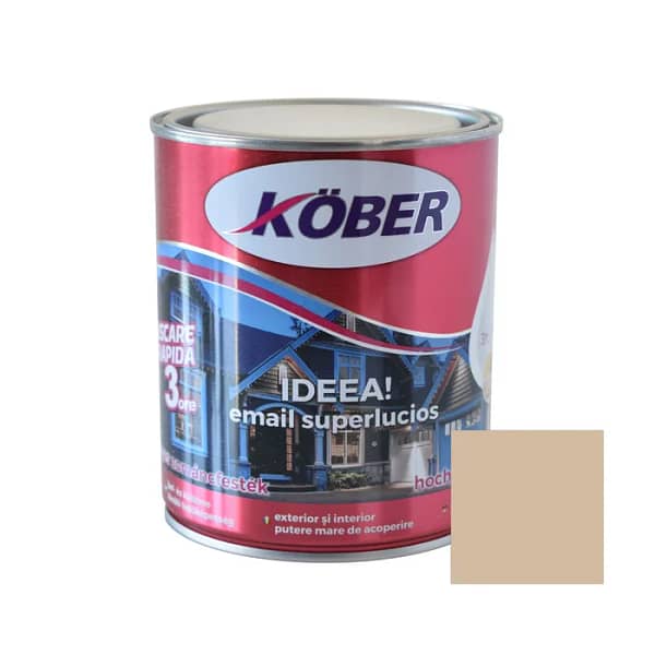 Cutie de vopsea alchidică Kober Ideea de 0.75L, culoare bej, pentru lemn și metal, utilizare interior și exterior, cu o mostră de culoare discretă pe etichetă.