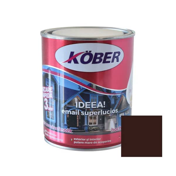 Cutie de vopsea alchidică Kober Ideea de 0.75L, culoare brun ciocolatiu RAL 8017, pentru lemn și metal, utilizare interior și exterior, cu etichetă specificând codul RAL.