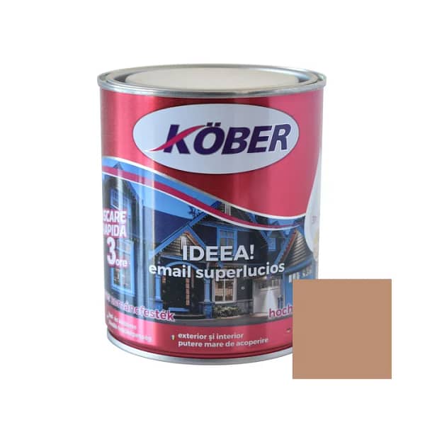 Cutie de vopsea alchidică Kober Ideea de 0.75L, culoare cafeniu, pentru lemn și metal, utilizare interior și exterior, cu o mostră de culoare caldă pe etichetă.