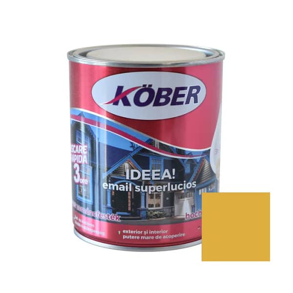 Cutie de vopsea alchidică Kober Ideea de 0.75L, culoare galben vibrant, pentru lemn și metal, utilizare interior și exterior, cu o mostră de culoare solară pe etichetă.