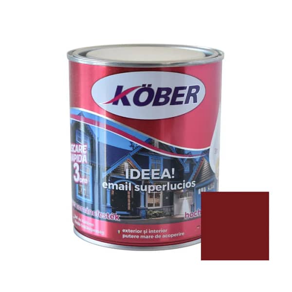 Cutie de vopsea alchidică Kober Ideea de 0.75L, culoare grena intens, pentru lemn și metal, utilizare interior și exterior, cu o mostră de culoare bogată pe etichetă.