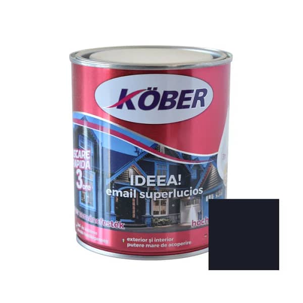 Cutie de vopsea alchidică Kober Ideea de 0.75L, culoare gri antracit intens, pentru lemn și metal, utilizare interior și exterior, cu o mostră de culoare modernă pe etichetă.