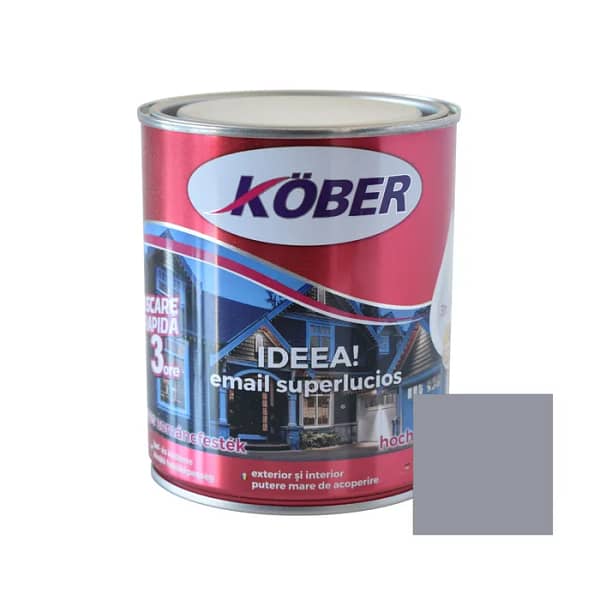 Cutie de vopsea alchidică Kober Ideea de 0.75L, culoare gri deschis, pentru lemn și metal, utilizare interior și exterior, cu o mostră de culoare neutră și elegantă pe etichetă.