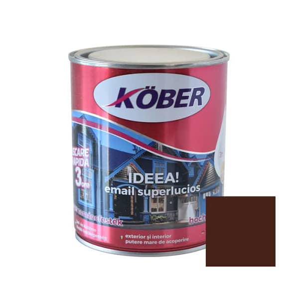 Cutie de vopsea alchidică Kober Ideea de 0.75L, culoare maro deschis, pentru lemn și metal, utilizare interior și exterior, cu o mostră de culoare caldă și luminoasă pe etichetă.