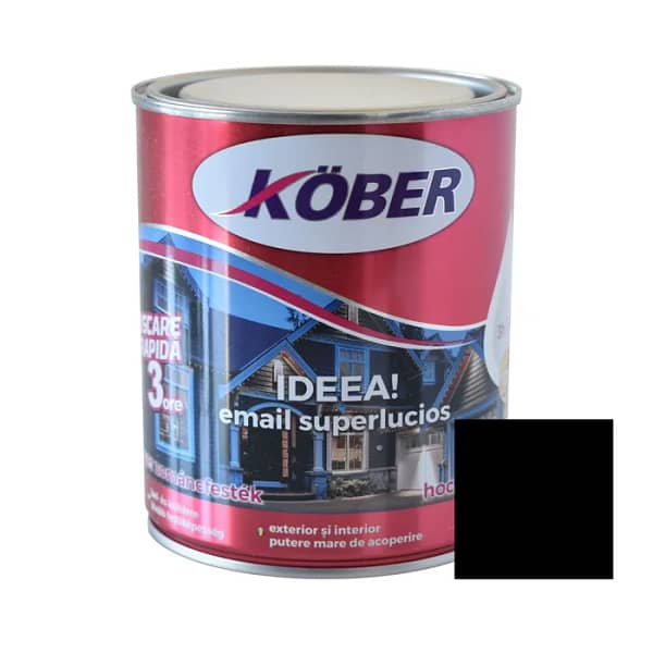 Cutie de vopsea alchidică Kober Ideea de 0.75L, culoare negru intens, pentru lemn și metal, utilizare interior și exterior, cu o mostră de culoare elegantă și profundă pe etichet