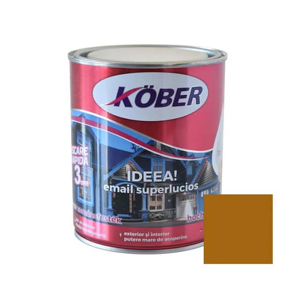 Cutie de vopsea alchidică Kober Ideea de 0.75L, culoare ocru luminos, pentru lemn și metal, utilizare interior și exterior, cu o mostră de culoare solară și caldă pe etichetă.