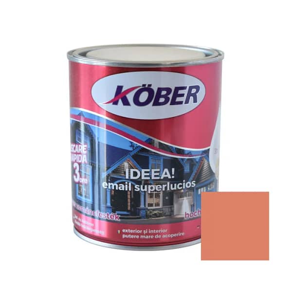 Cutie de vopsea alchidică Kober Ideea de 0.75L, culoare orange vibrant, pentru lemn și metal, utilizare interior și exterior, cu o mostră de culoare energică pe etichetă.