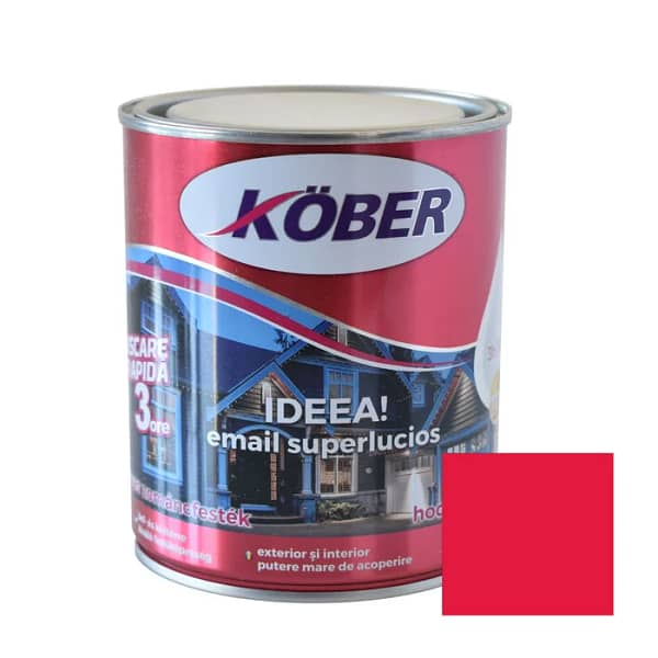 Cutie de vopsea alchidică Kober Ideea de 0.75L, culoare roșu vibrant, pentru lemn și metal, utilizare interior și exterior, cu o mostră de culoare pasională pe etichetă.