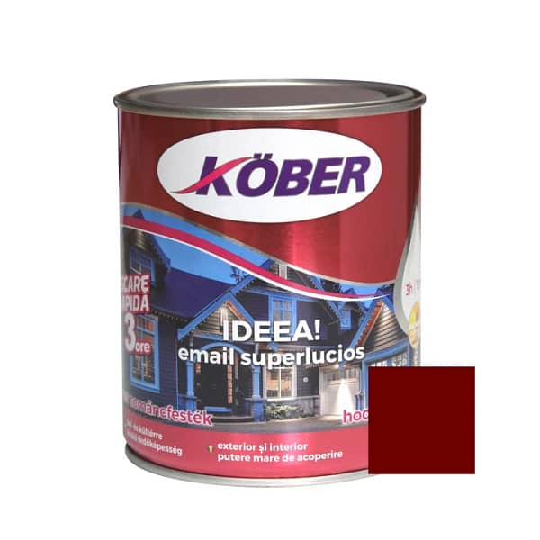 Cutie de vopsea alchidică Kober Ideea de 0.75L, culoare roșu vin intens, pentru lemn și metal, utilizare interior și exterior, cu o mostră de culoare bogată și sofisticată pe etichetă.